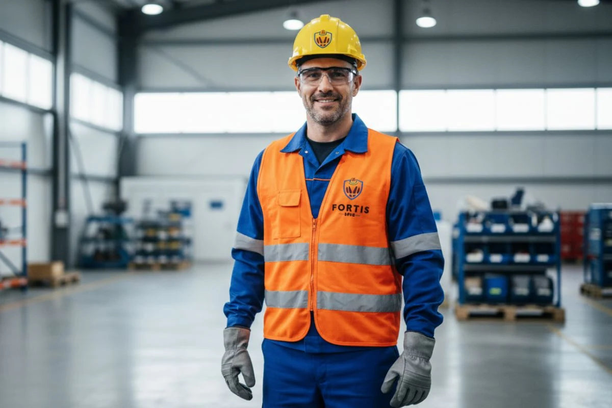 Trabalhador com EPI Fortis em ambiente industrial, representando segurança e qualidade.
